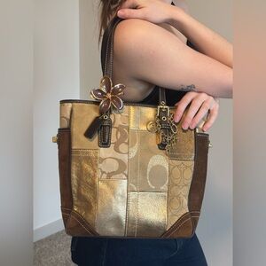Coach 2007 Patchwork Signature Tote Bag Tan Brown Gold Canvas & Leather F11408